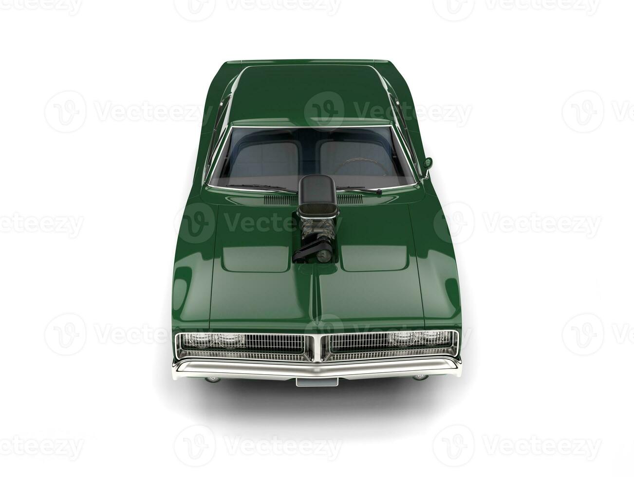 Forest green vintage muscle car - top down front view photo