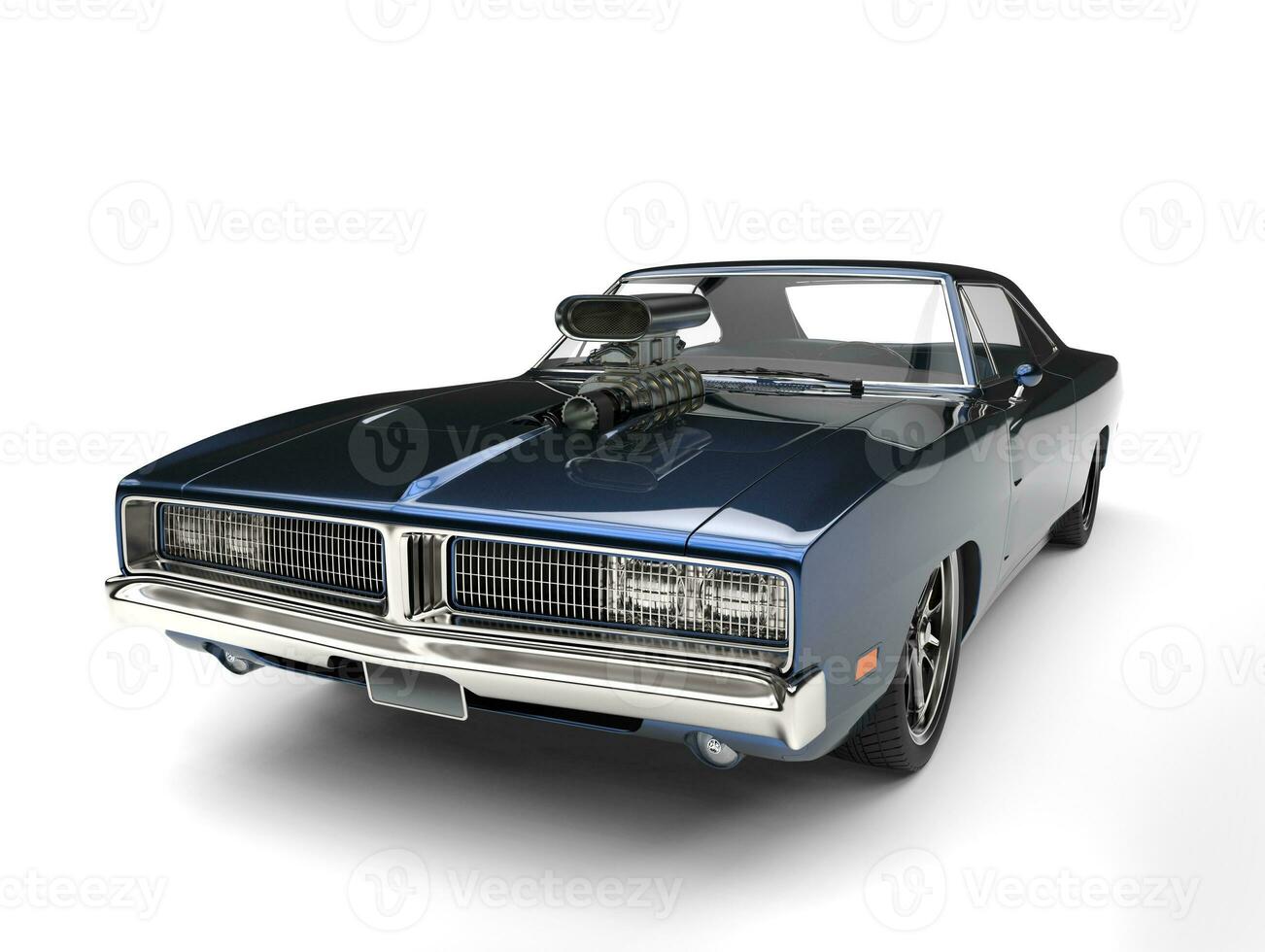 Dark blue metallic vintage American muscle car - closeup shot photo