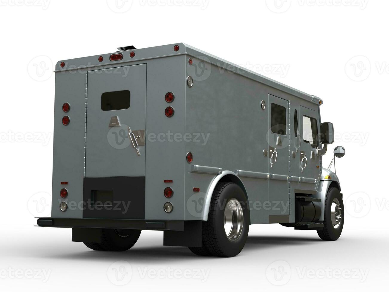 Silver armored cash transport truck - tail low angle view photo