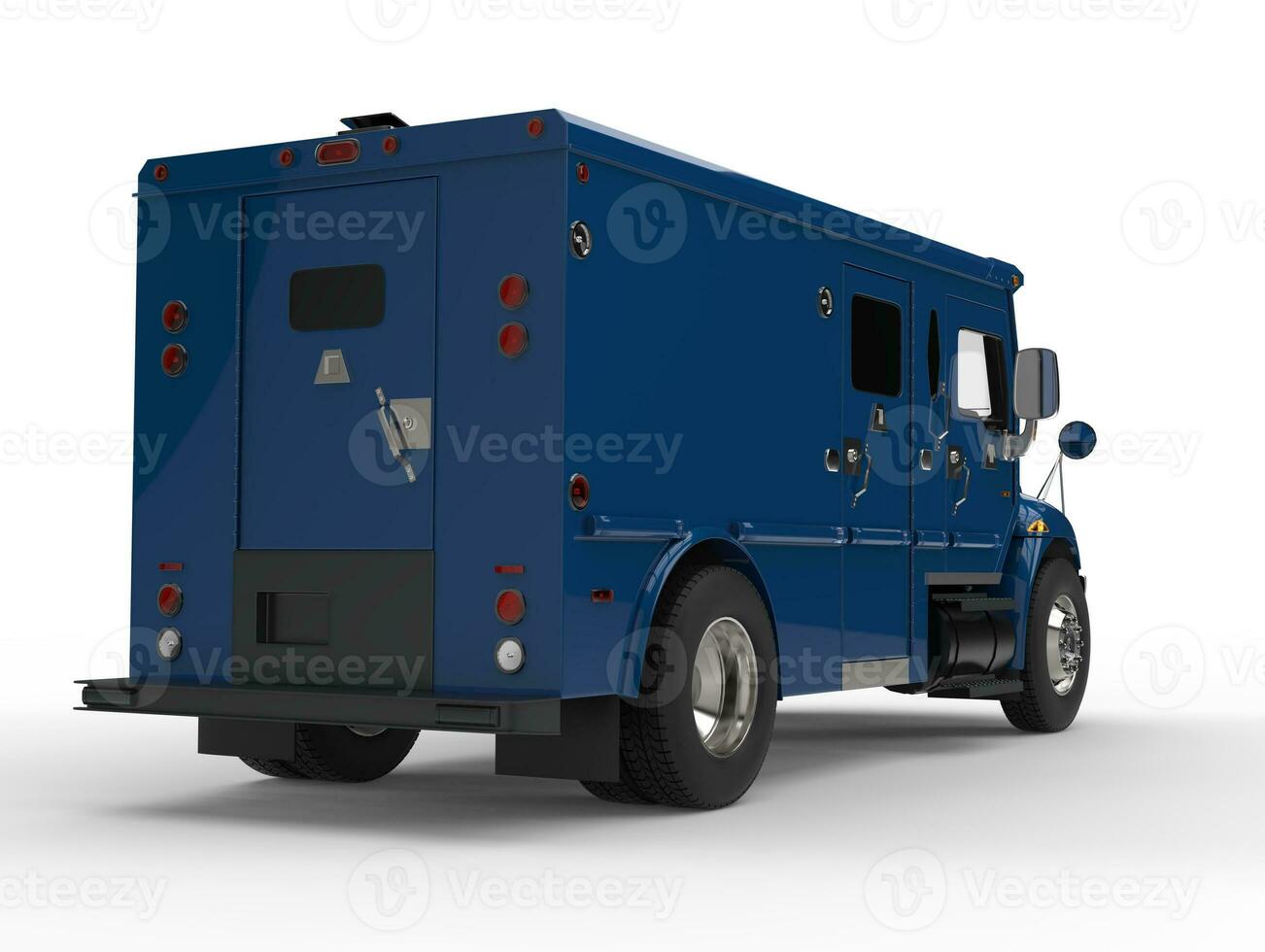 Blue armored transport van - tail shot photo