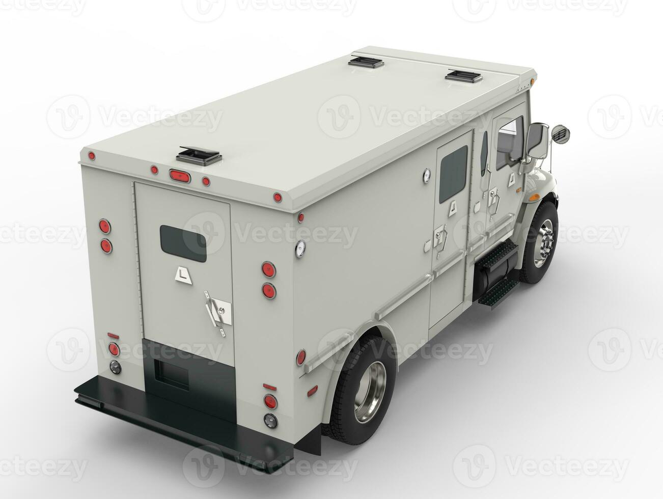 White armored transport van - top down back shot photo