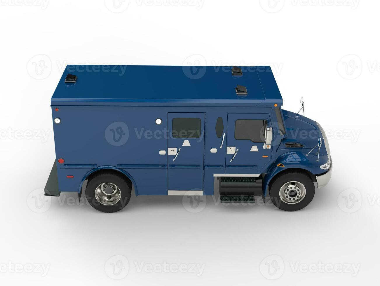 Blue armored transport truck - top down side view photo