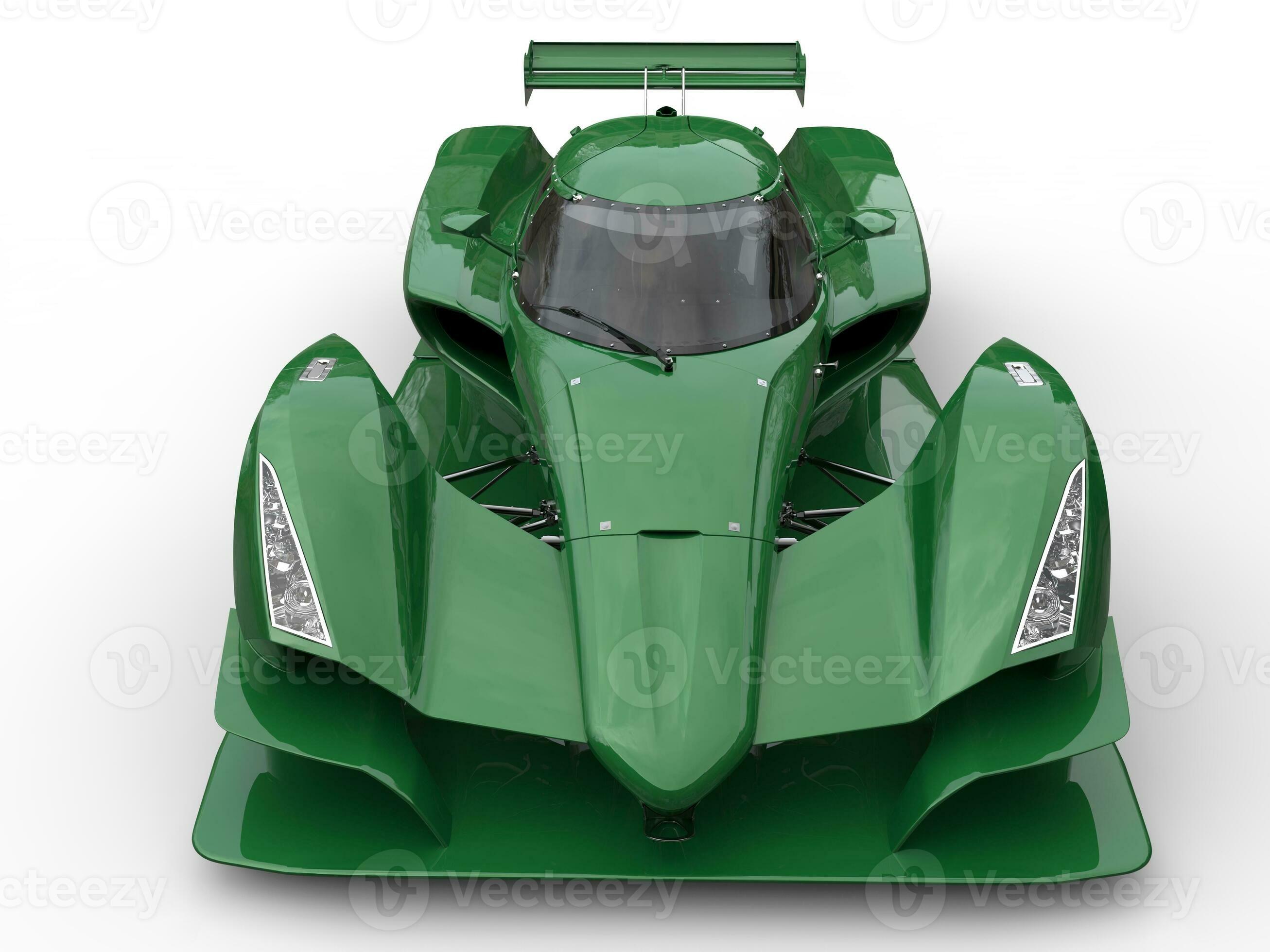 Dark green modern super sports race car front view closeup shot