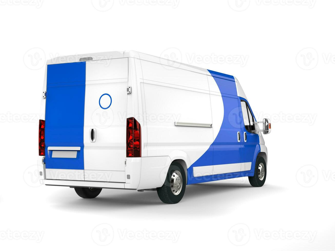 White delivery van with blue details - rear side view photo