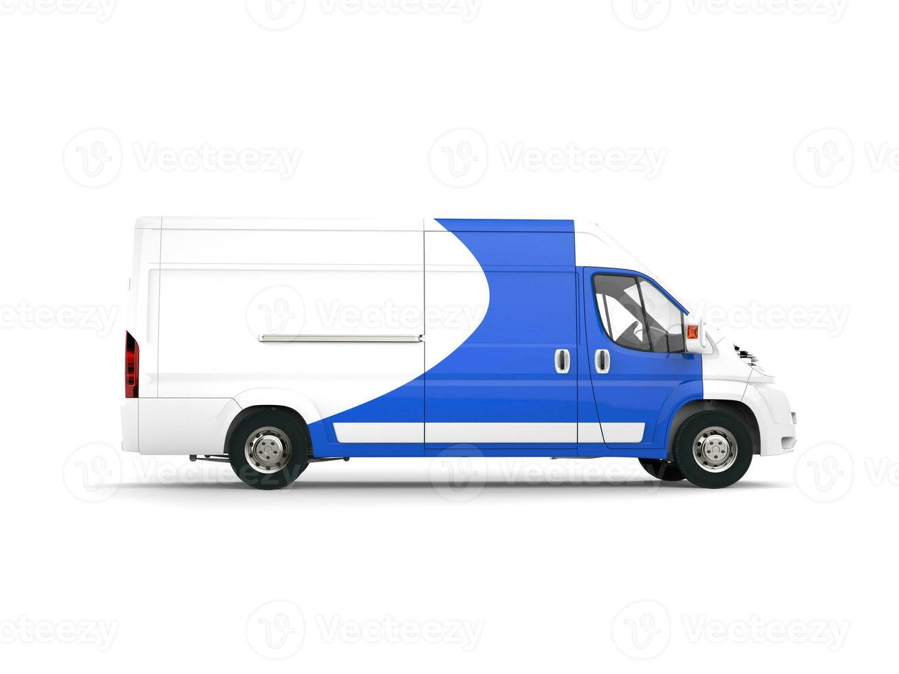 Big delivery van with blue decals on the sides and doors photo