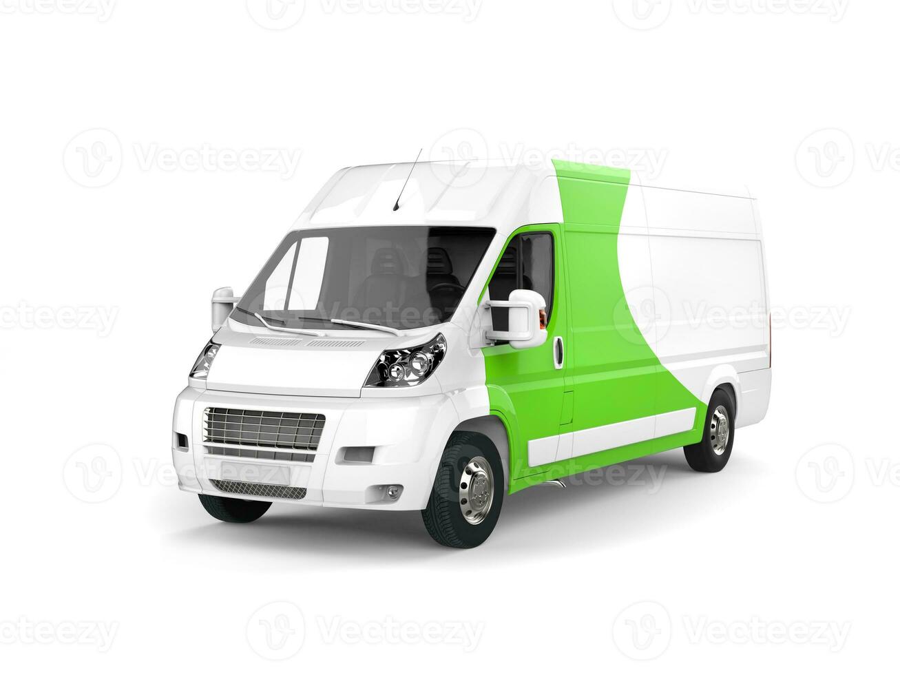 Big white delivery van with green details photo