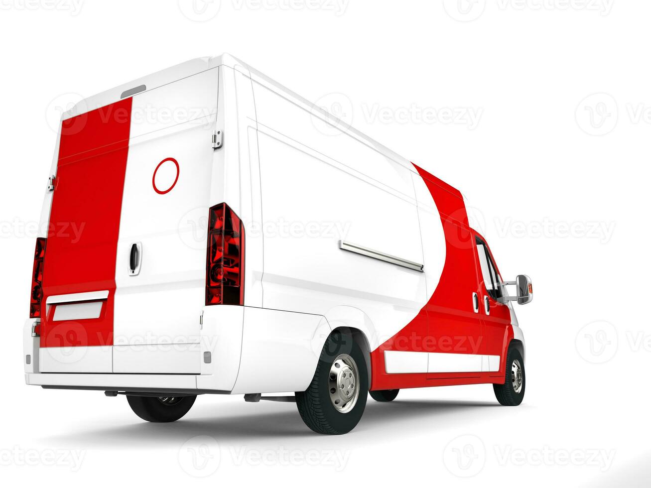 Big white delivery van with red details - back closeup shot photo