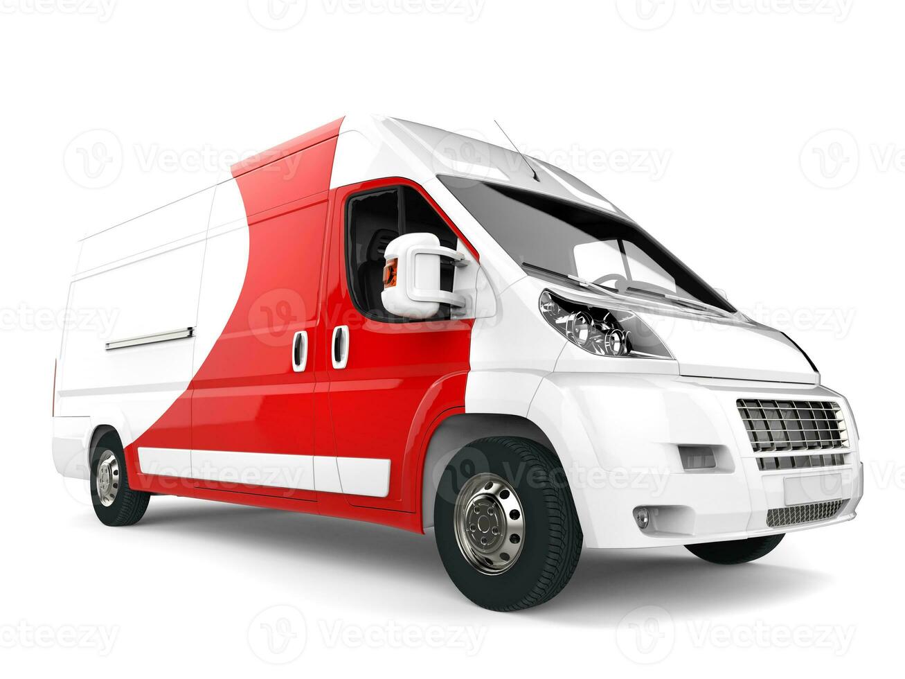 Big white delivery van with red details - closeup shot photo