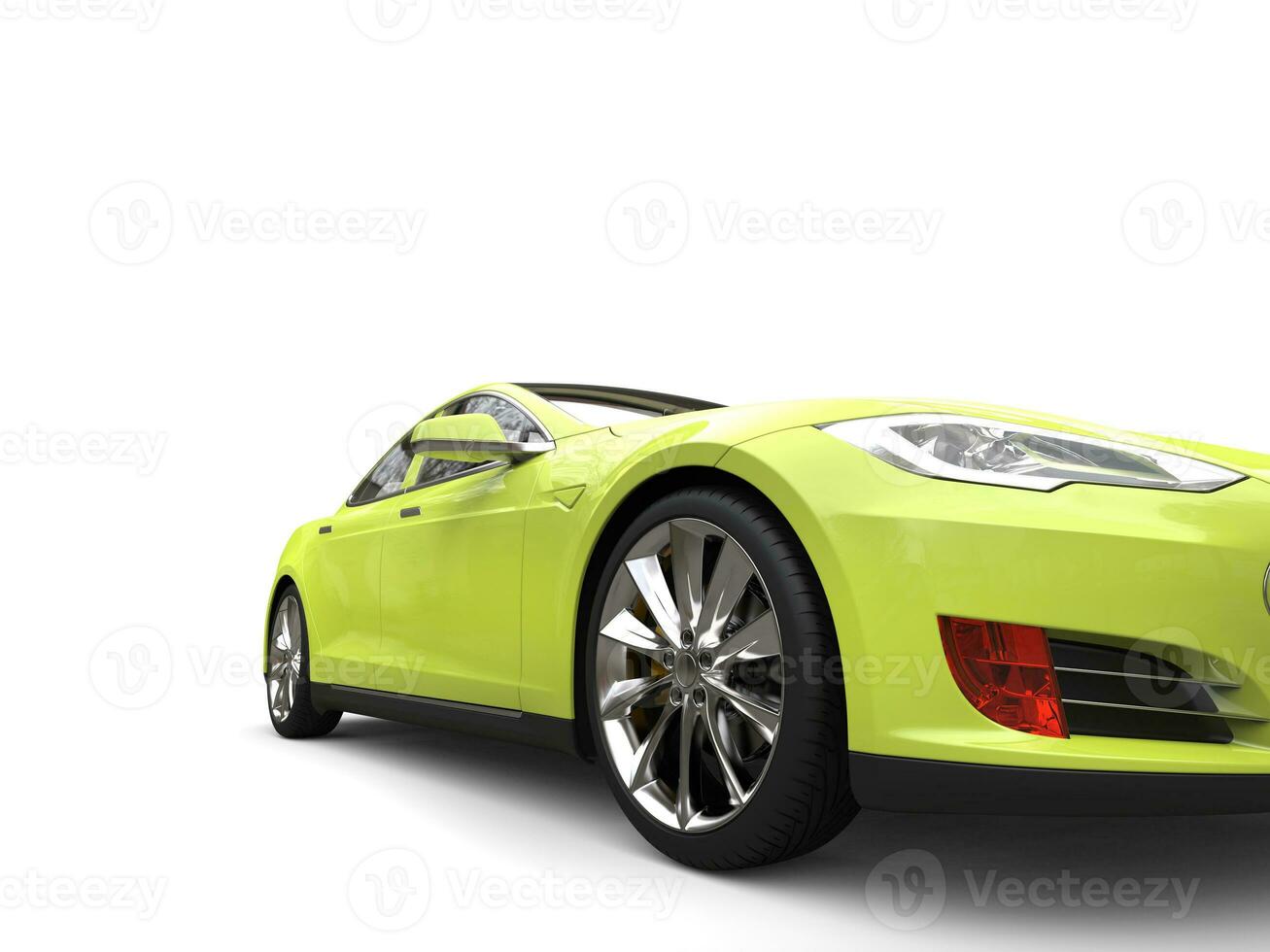 Mad lime green modern electric sports car - front wheel closeup shot photo