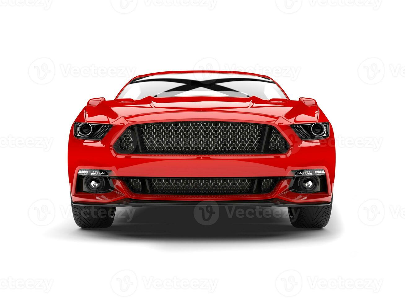 Dark crimson red modern sports muscle car - front view closeup shot photo