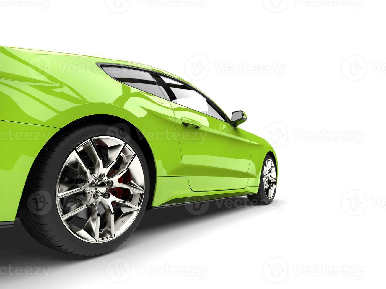Screaming green modern super muscle car - rear wheel closeup shot photo