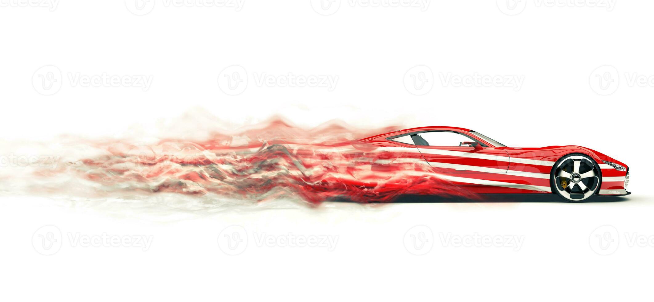 Red sports car with white stripes - smoke trail effect photo