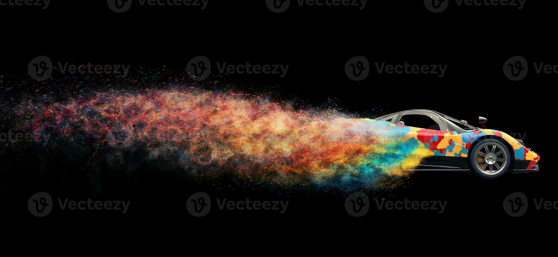 Multicolor super car disintegrating into colorful particles photo
