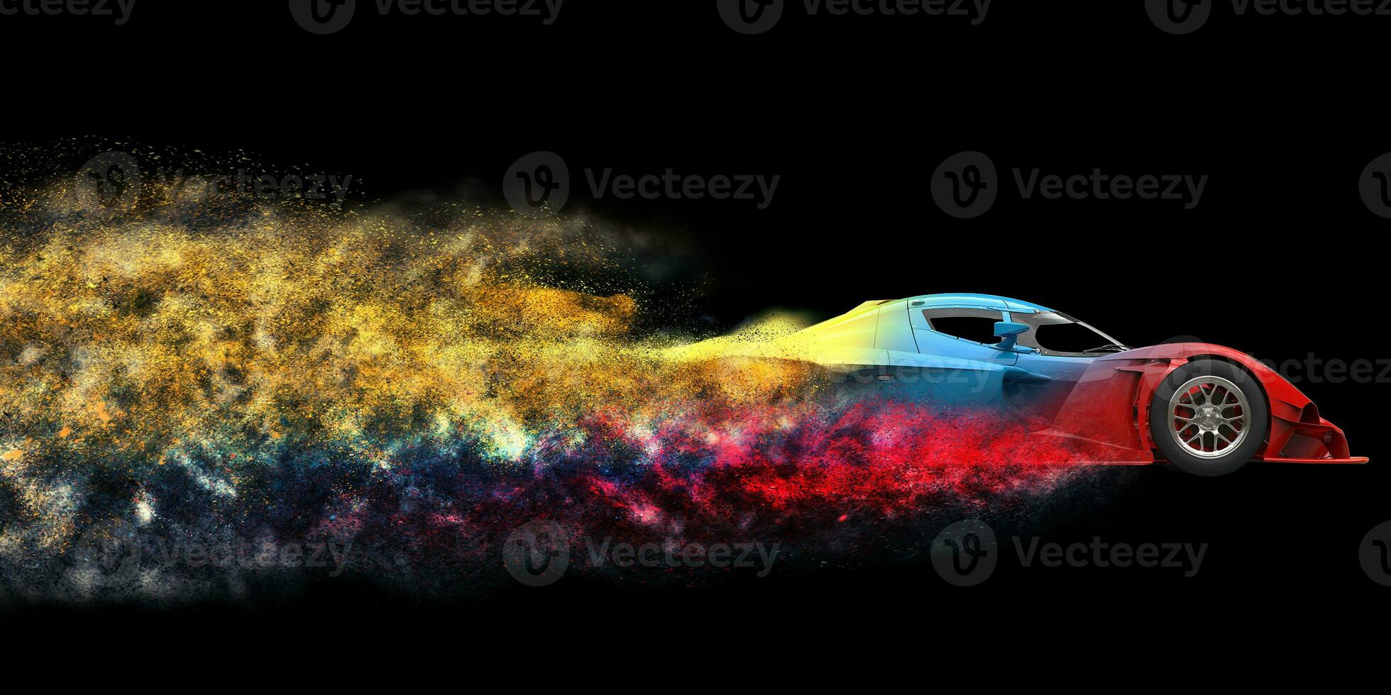 Red, blue and yellow multicolor super car disintegrating into colorful particles photo