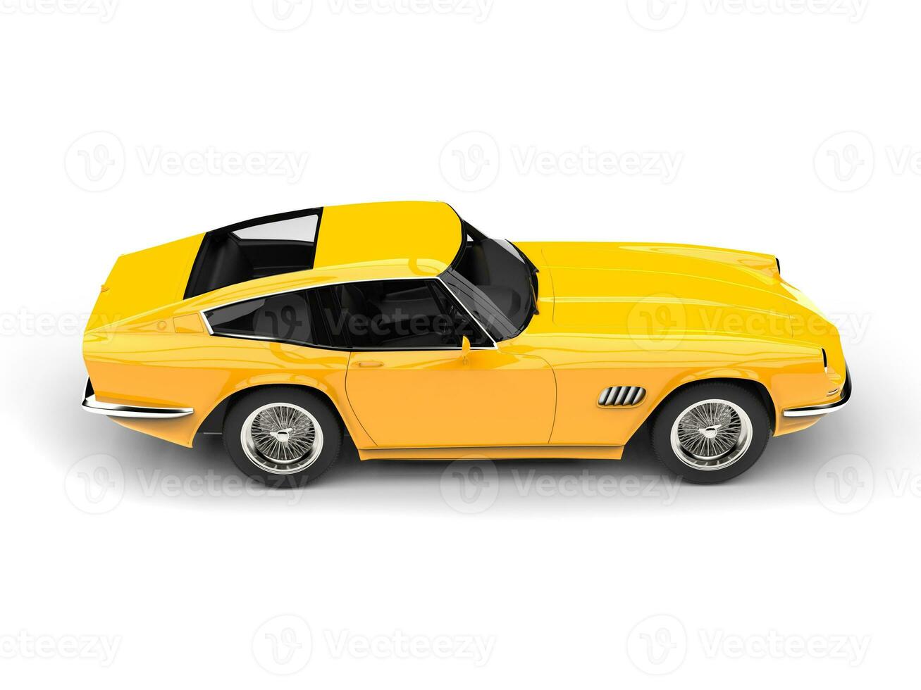 Bright yellow vintage fast car - top down side view photo