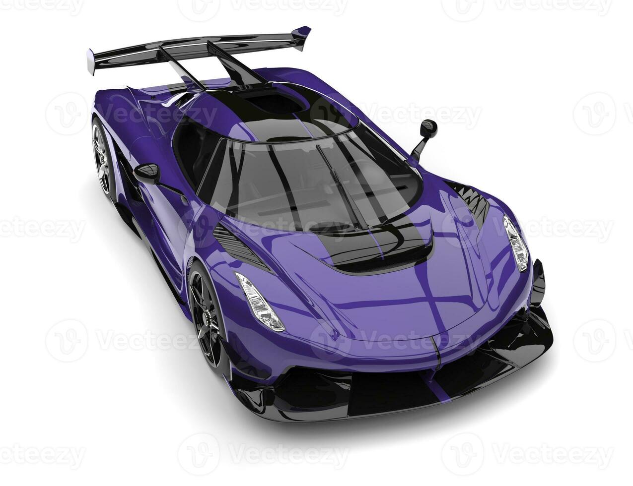 Metallic exotic purple sports race super car - top down front view photo