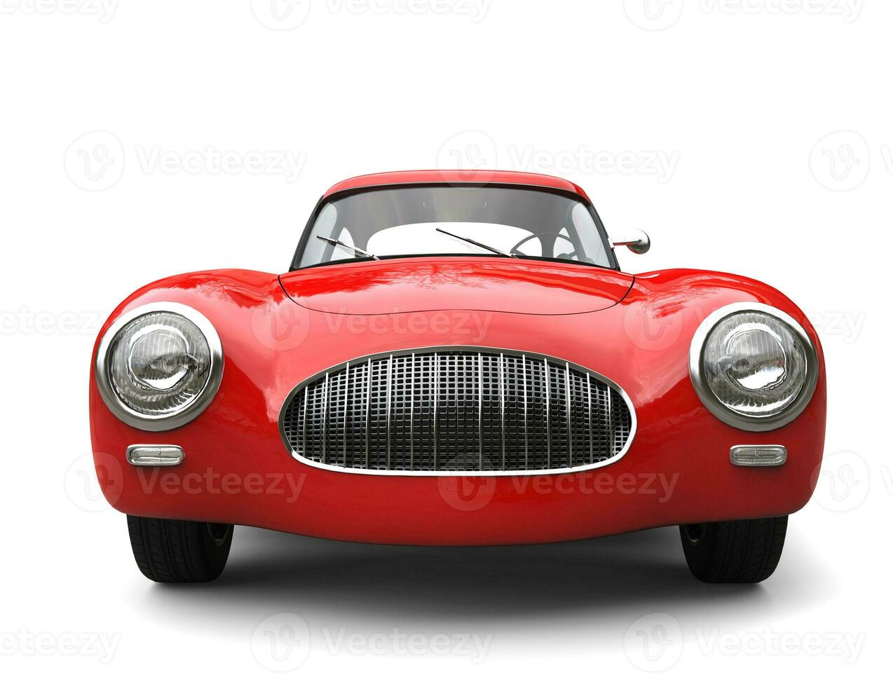 Old vintage scarlet red sports car - front view closeup shot photo