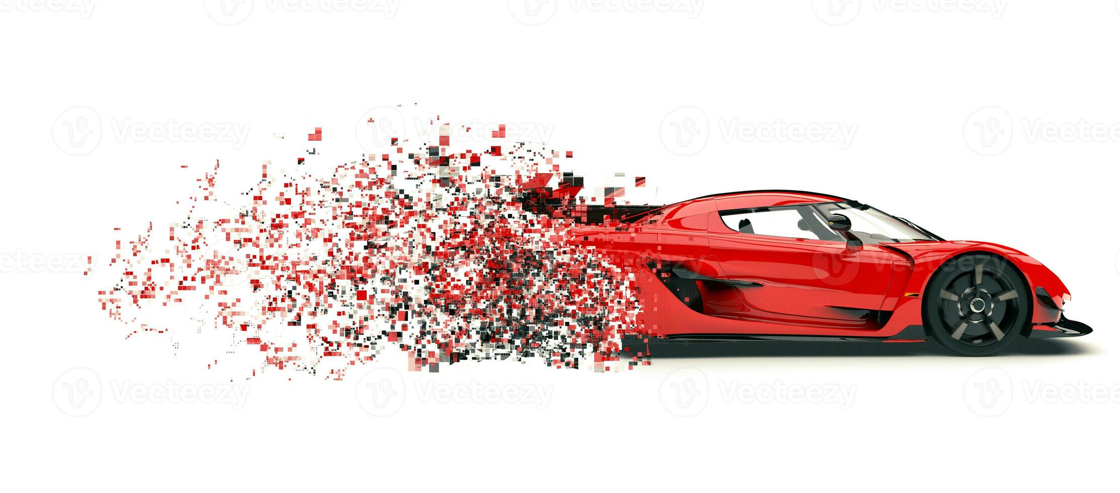 Red modern sports supercar being dissolved into pixels photo