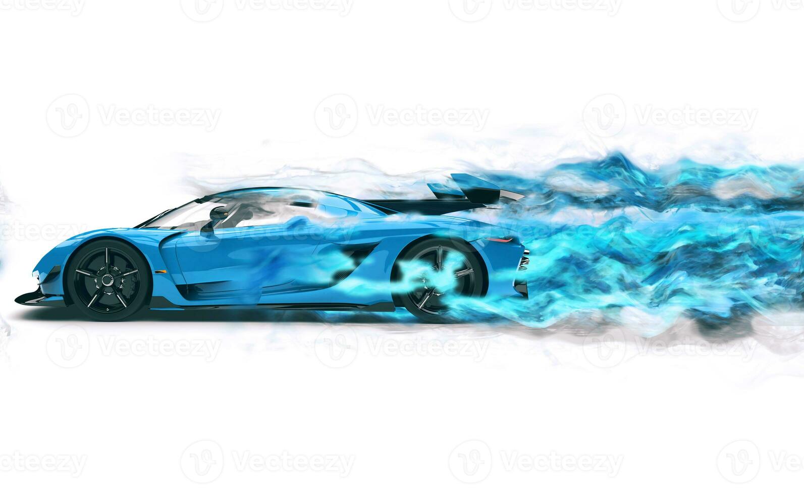 Fast blue super car leaving a trail of red mist and wind photo