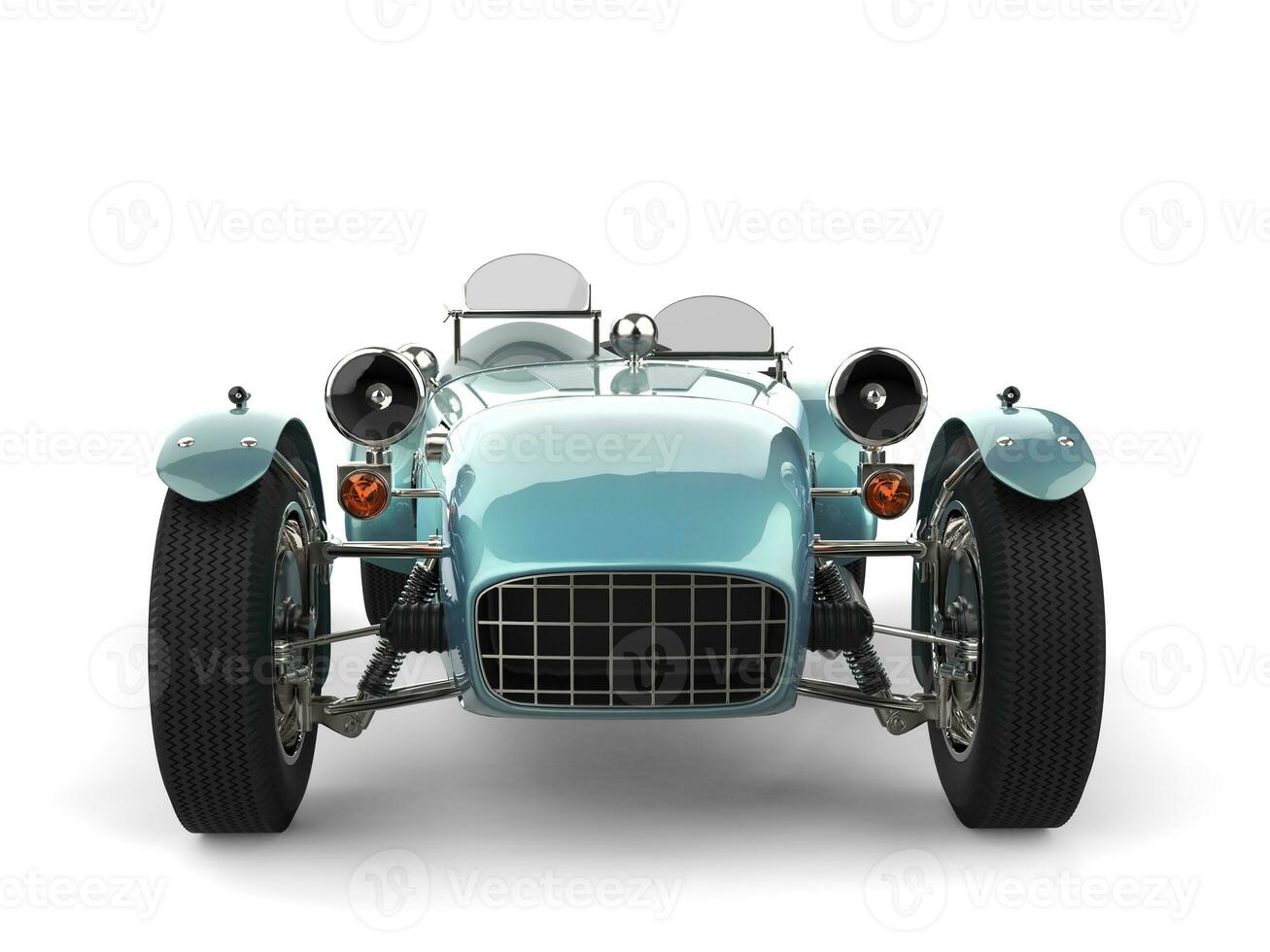 Vintage metallic sky blue sport open wheel racing car - front view photo