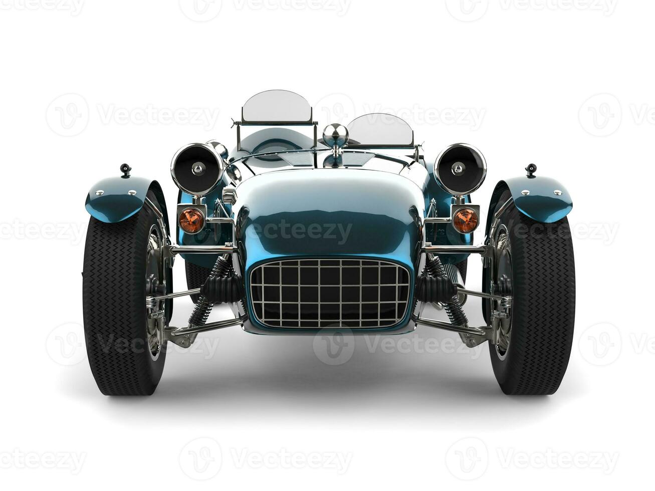 Metallic blue vintage open wheel sport racing car - front view photo