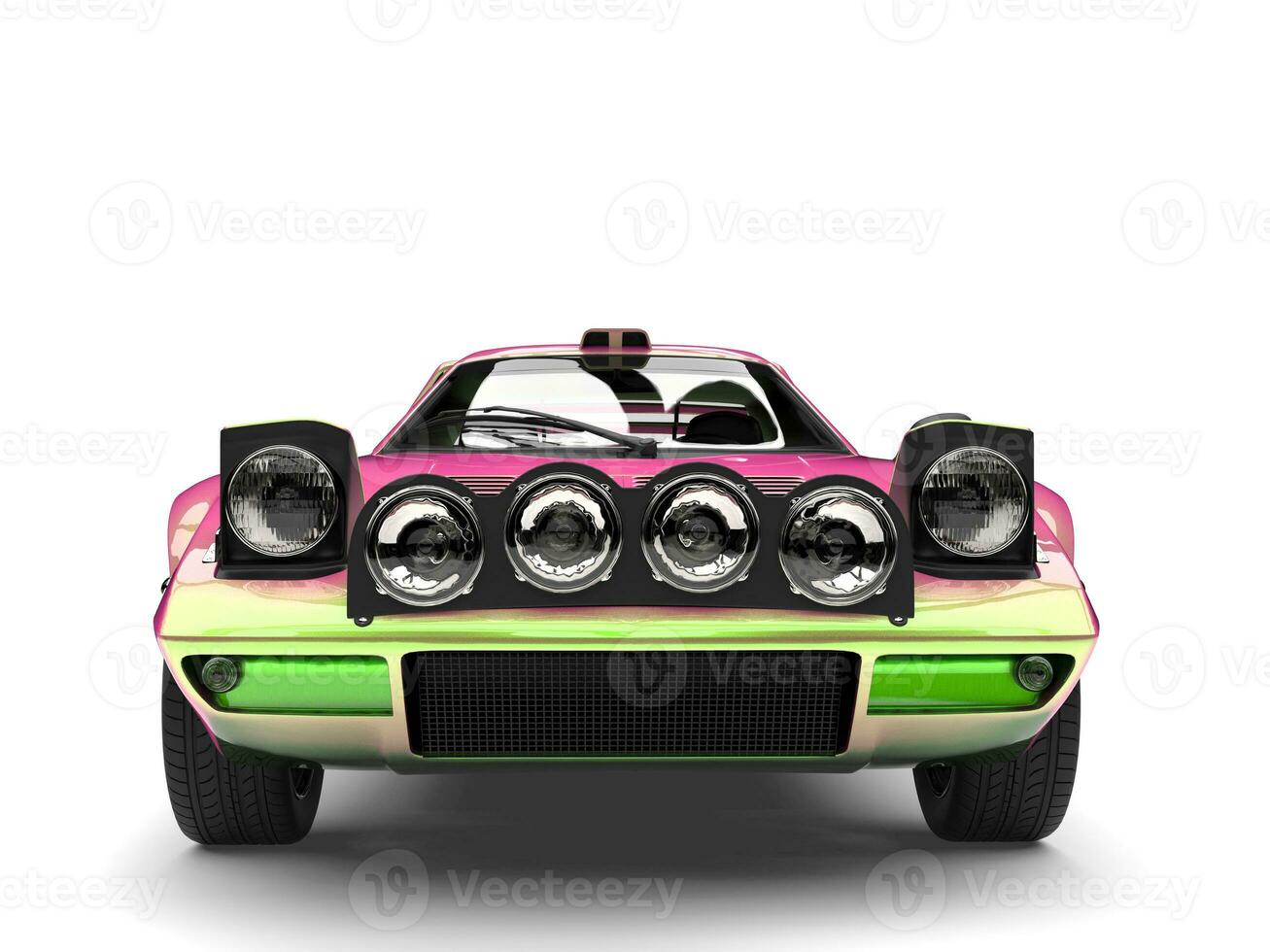 Metallic two tone pink and green vintage race car - front view closeup shot photo