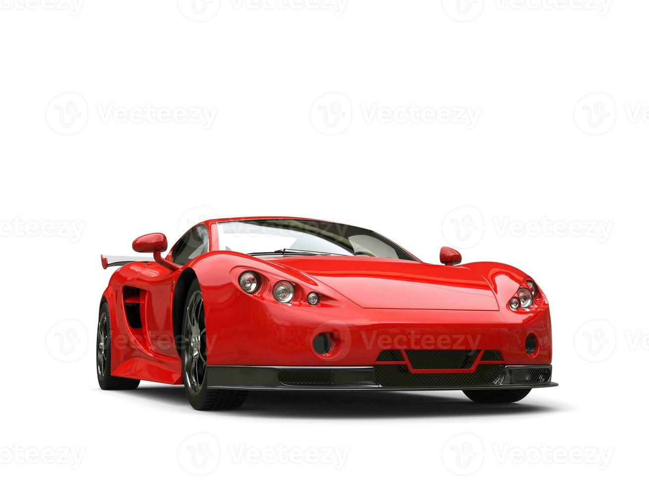Bright red modern concept supercar - low angle front view photo
