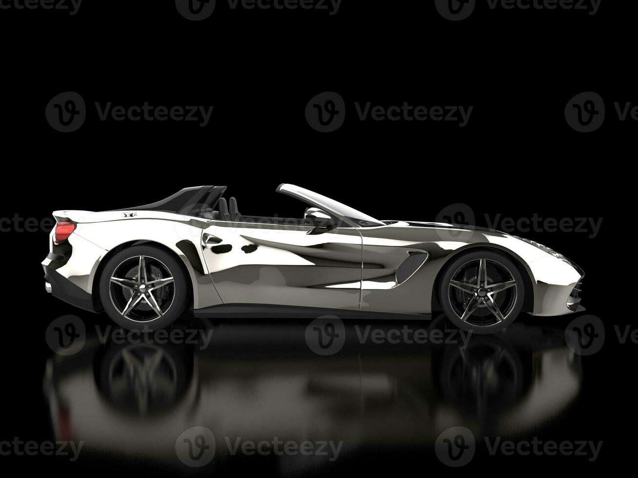 Chrome modern fast supercar - cabriolet - on black background with ground reflections - side view photo