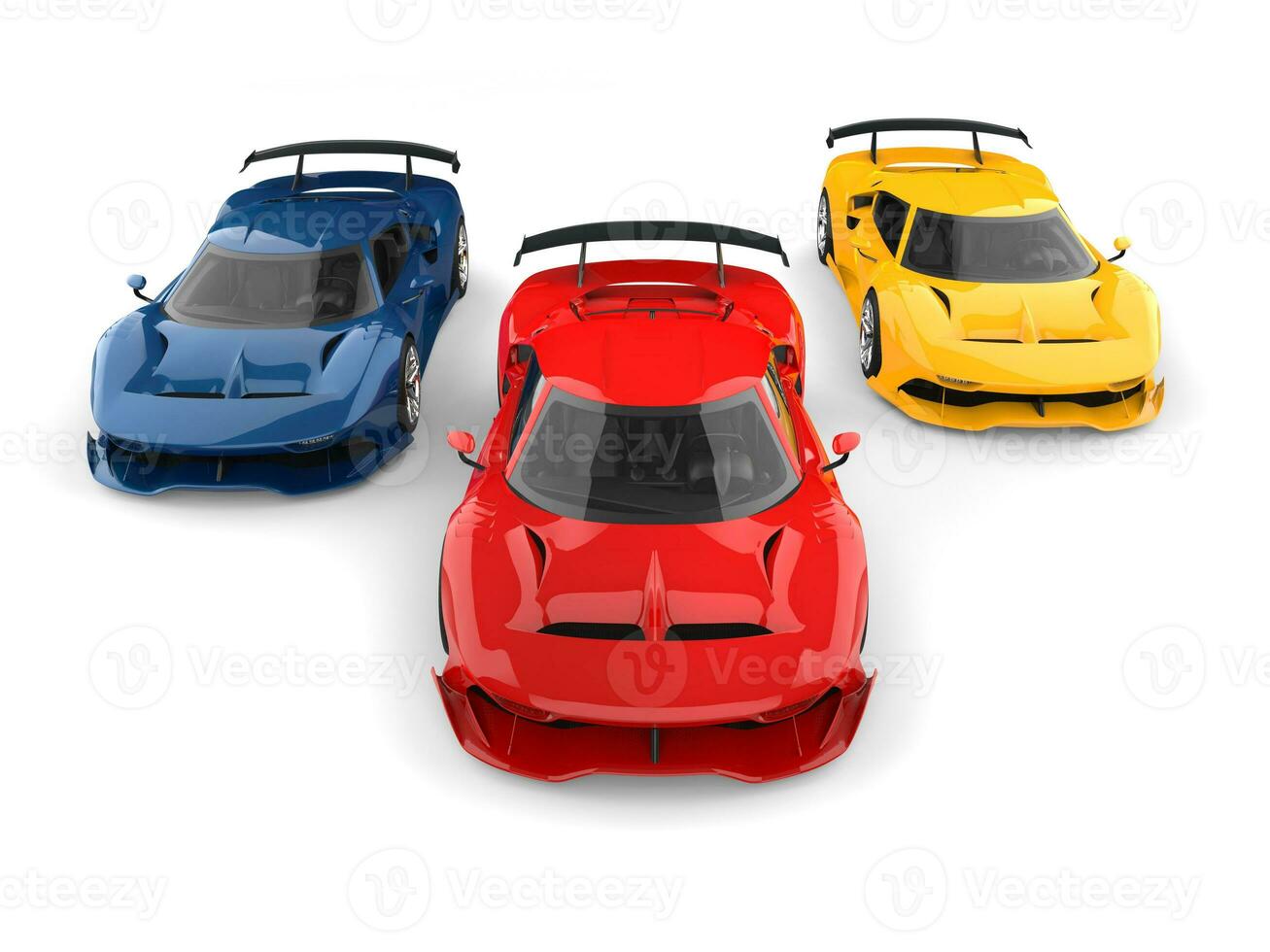 Red, blue and yellow super race cars - red in the lead photo