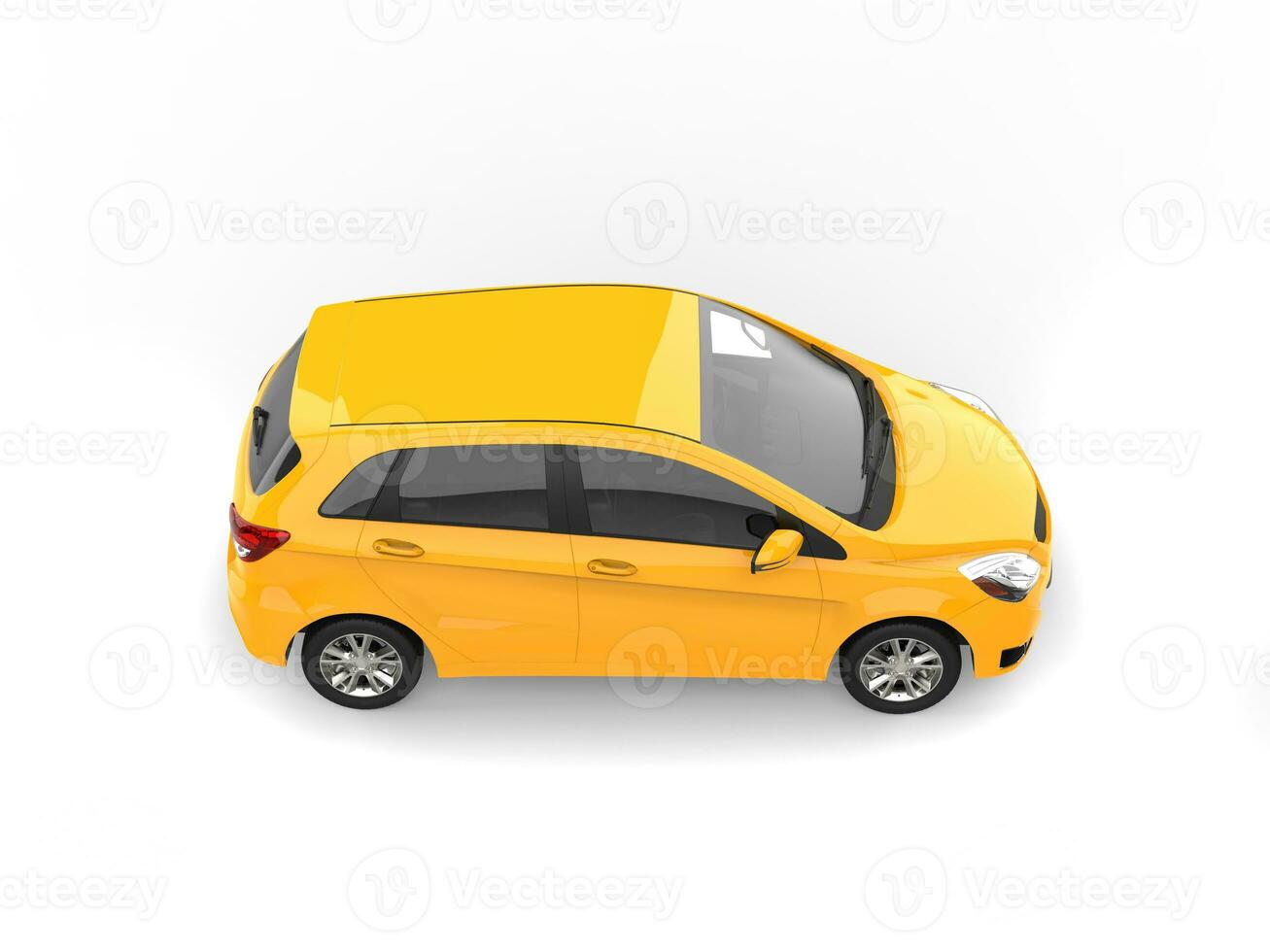 Bright sunny yellow modern compact car - front view - top down view photo