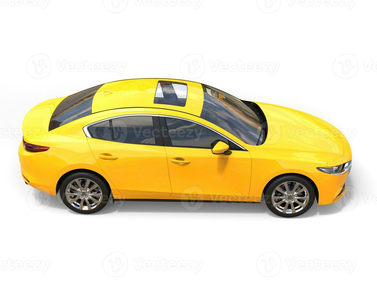 Bright sun yellow Mazda 3 2019 - 2022 model - top down view - 3D Illustration - isolated on white background photo