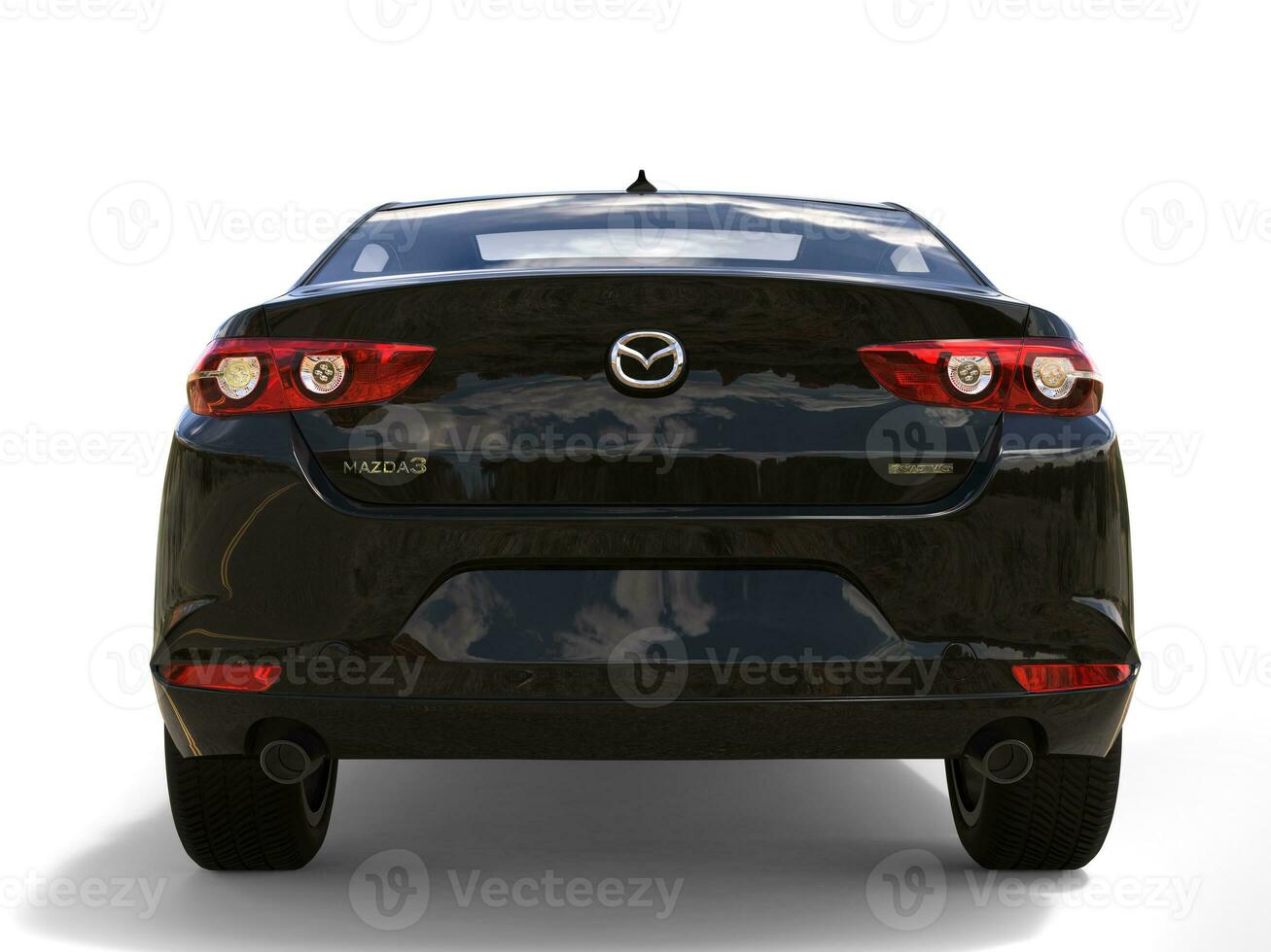 Shiny Black Mazda 3 2019 - 2022 model - back view - 3D Illustration - isolated on white background photo