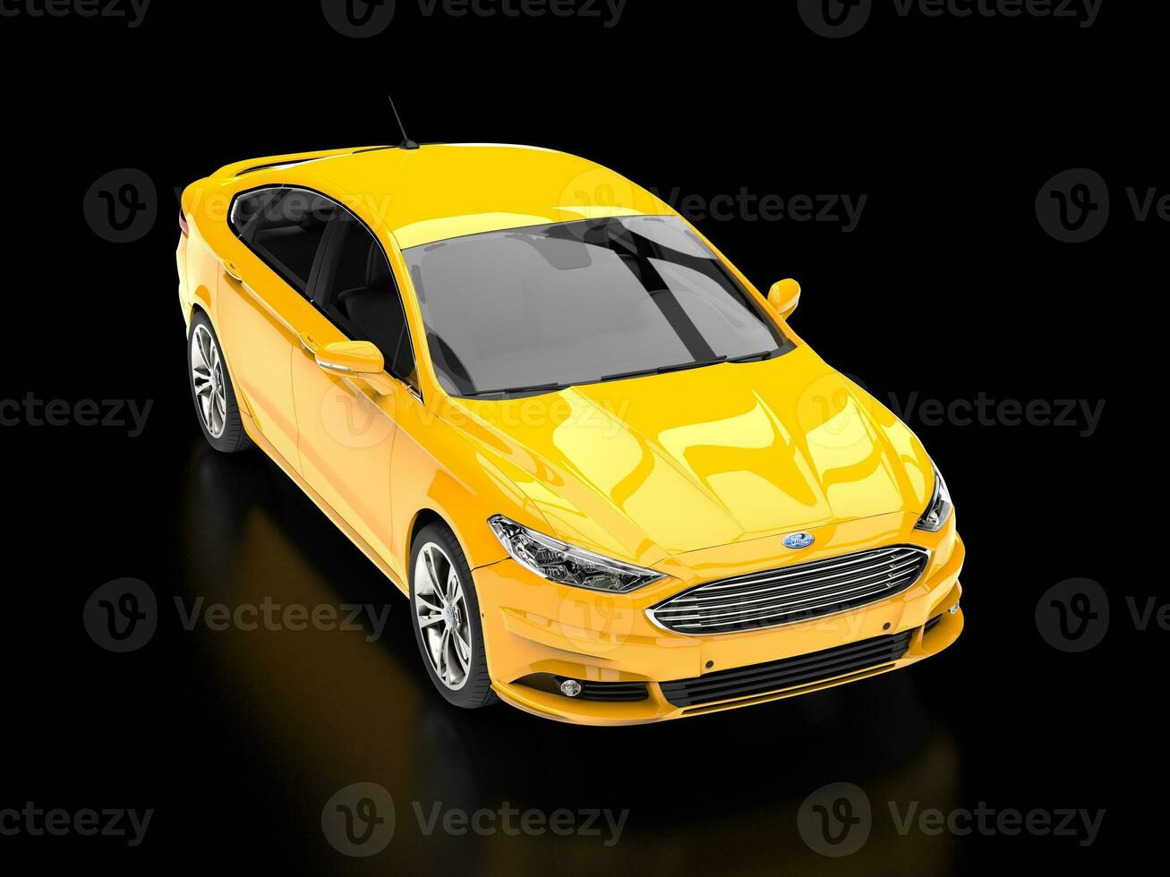 Bright yellow Ford Mondeo 2015 - 2018 model - top down view - 3D Illustration - on black reflective background photo