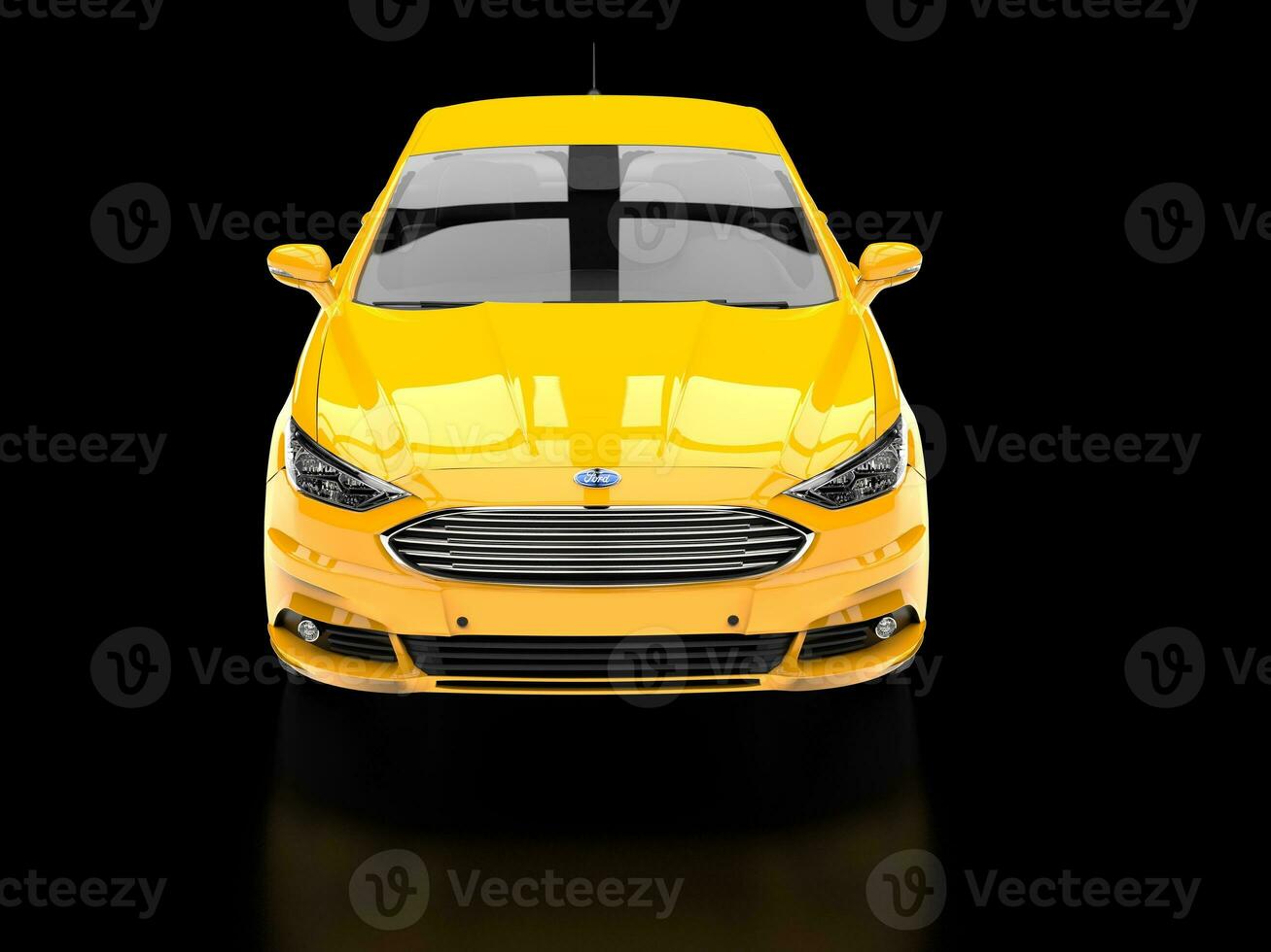 Bright yellow Ford Mondeo 2015 - 2018 model - front view - 3D Illustration - on black reflective background photo