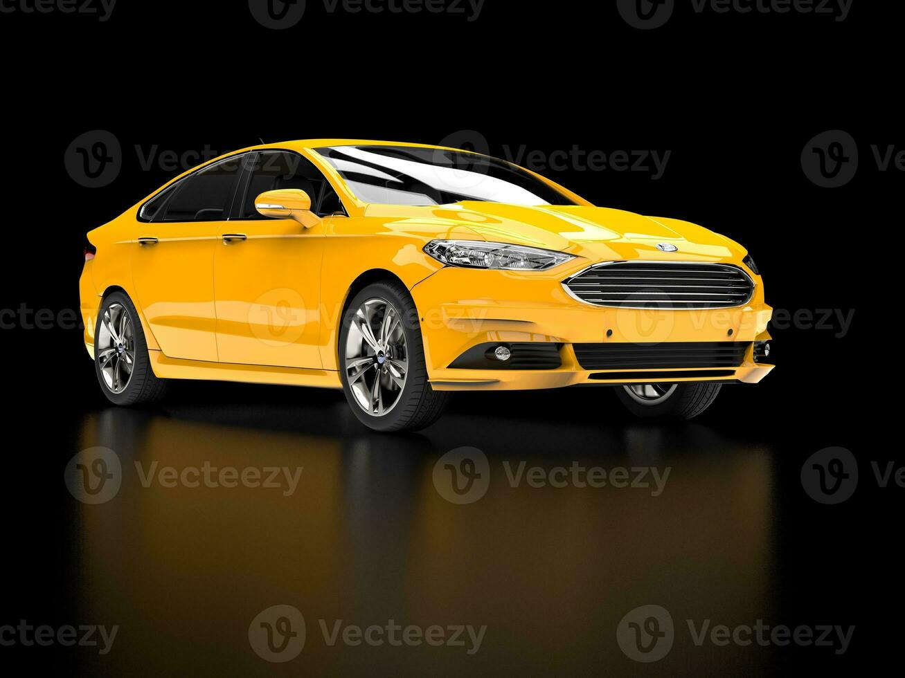 Bright yellow Ford Mondeo 2015 - 2018 model - 3D Illustration - on black reflective background photo