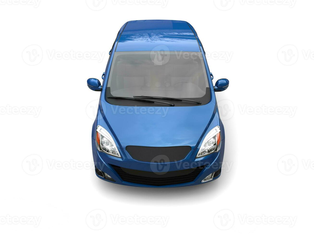 Modern small compact economic car in dark blue color - top down view - isolated on white background photo