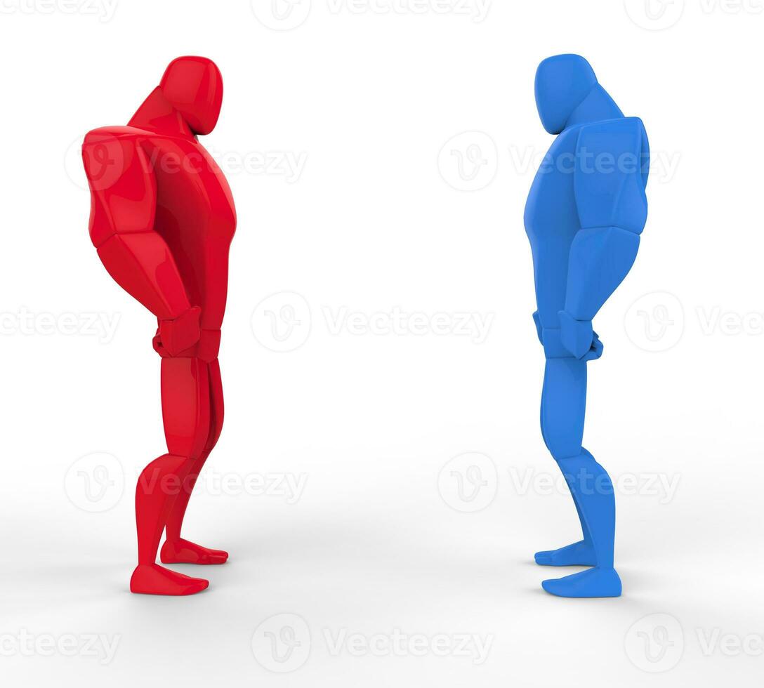 rojo y azul 3d hombre fuerte en un estar apagado. foto