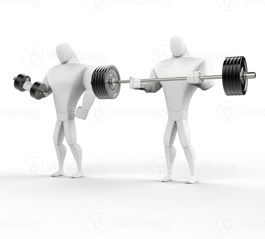 Two 3D Characters Weightlifting - isolated on white background. photo