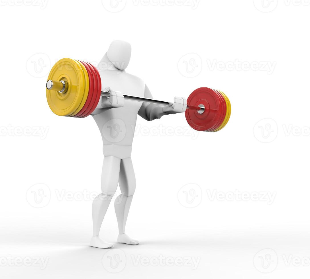 3D Strong Character doing barbell curls. photo