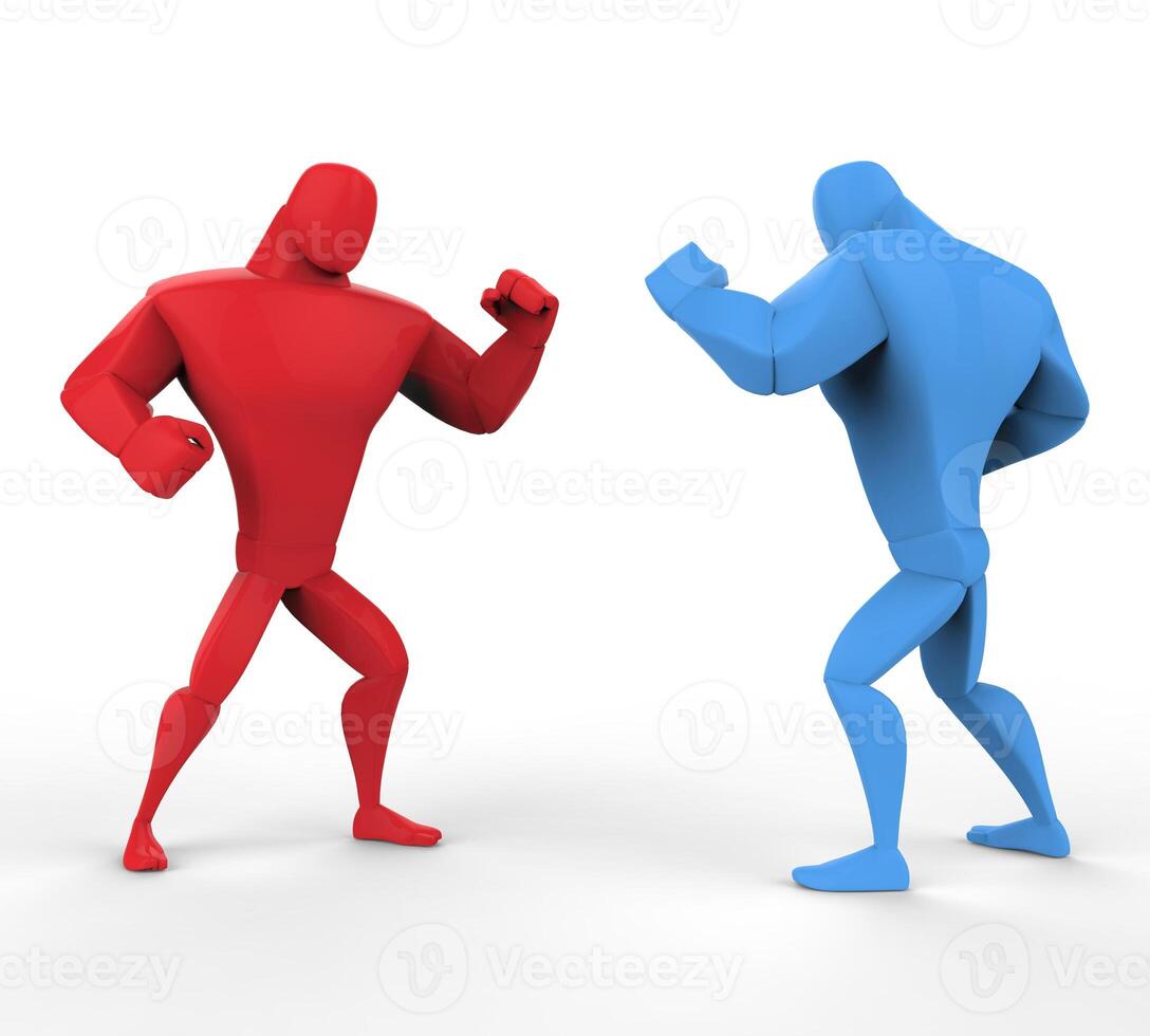 Red and blue boxers in a fighting stance. photo