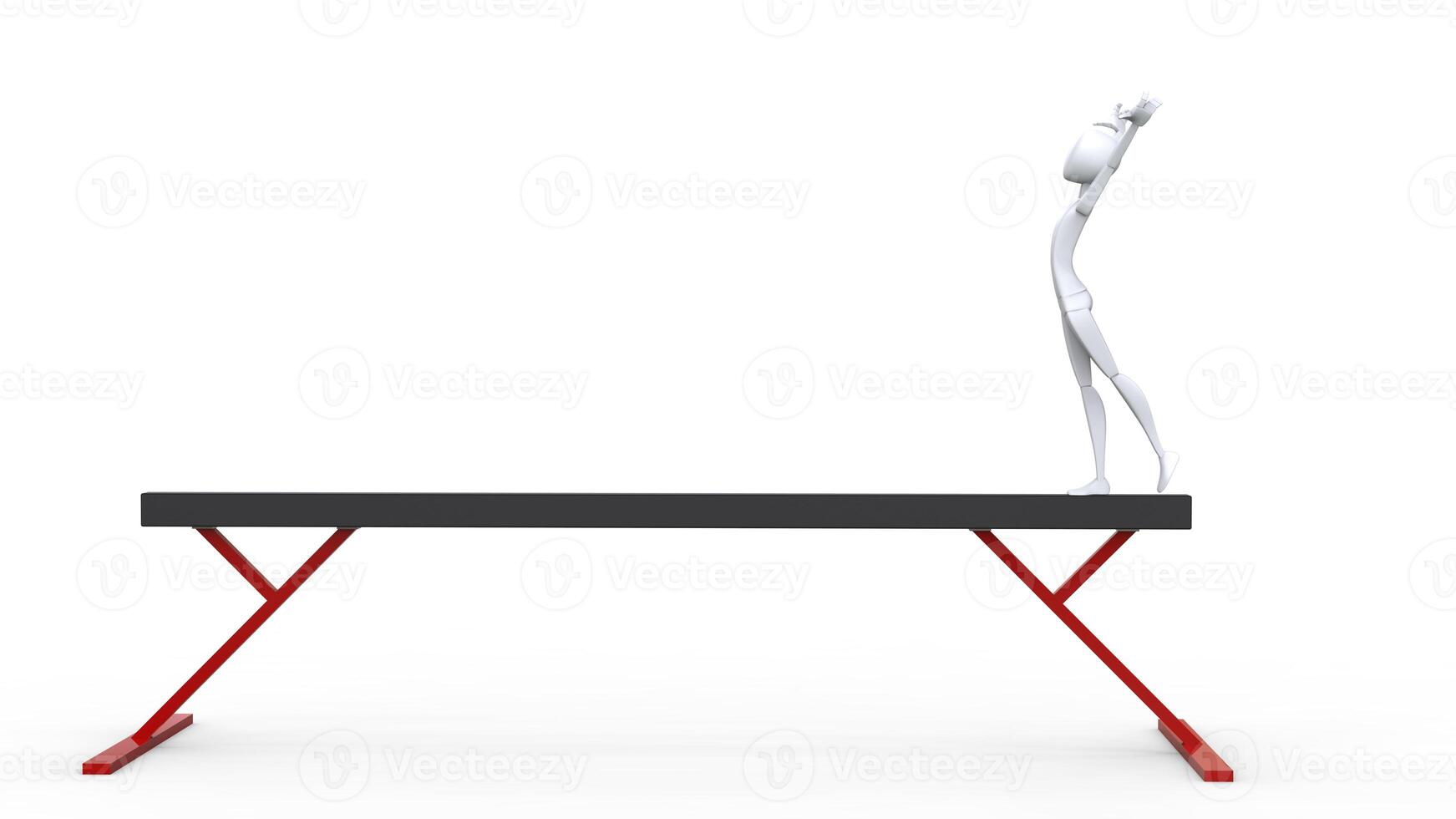 blanco gimnasta en un equilibrar haz en comenzando posición - 3d ilustración foto