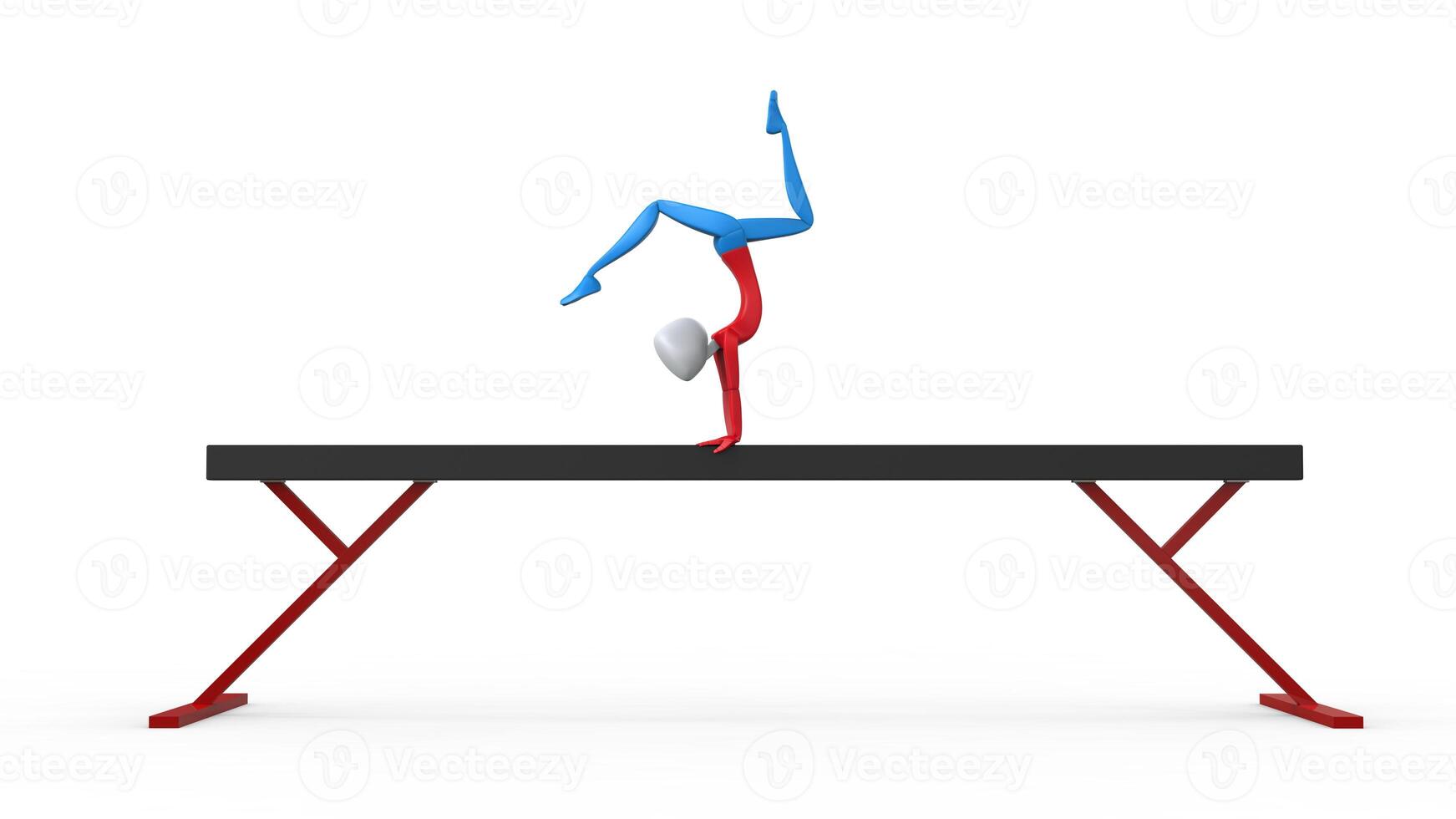 gimnasta en rojo y azul atuendo haciendo un dar la vuelta en un equilibrar haz - 3d ilustración foto