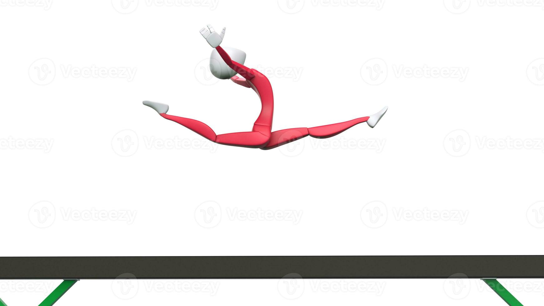 gimnasta niña - división salto - equilibrar haz - rojo atuendo - 3d ilustración foto
