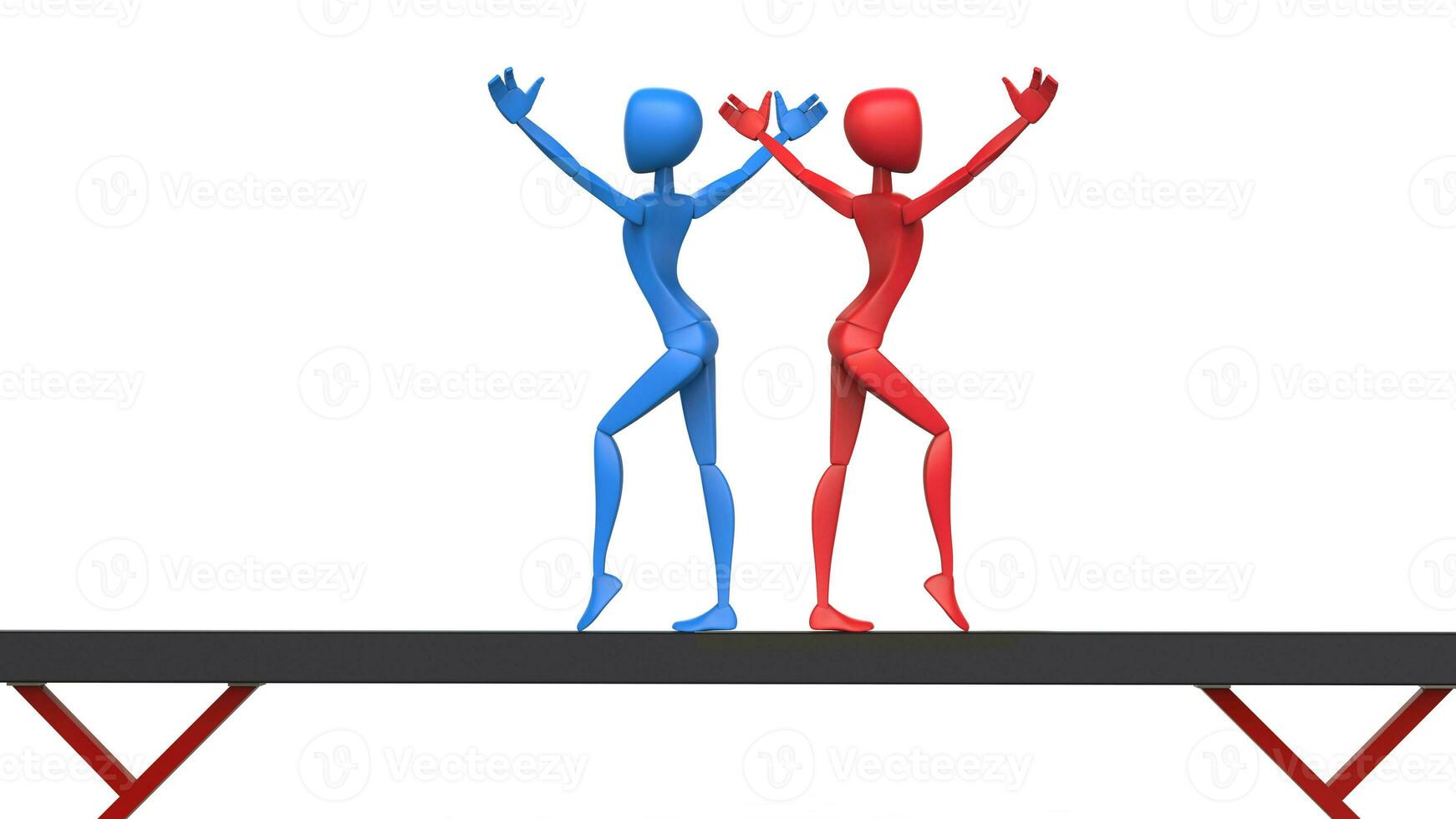 Red and blue gymnasts back to back salute - balance beam - 3D Illustration photo