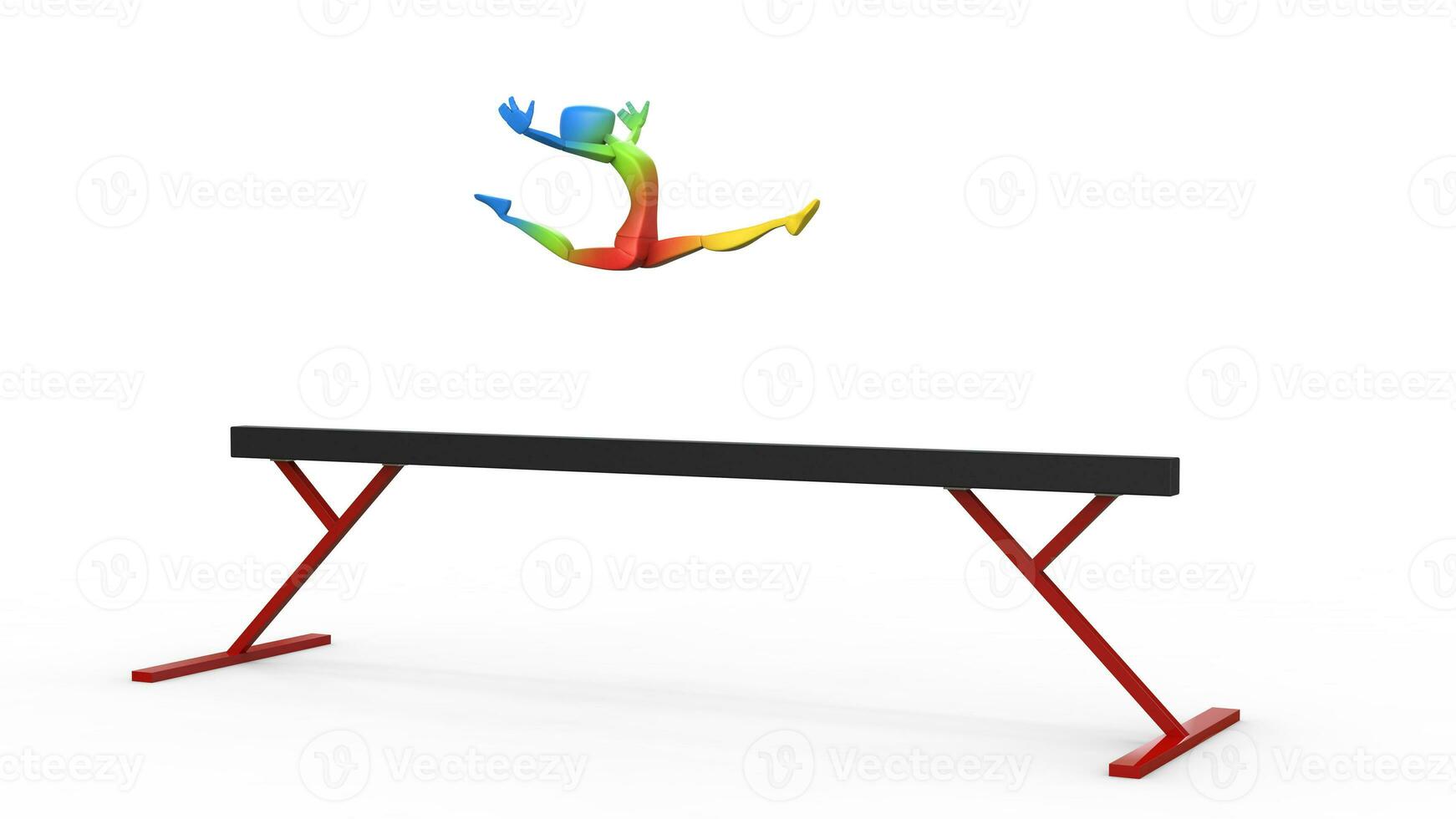 gimnasta niña haciendo un división saltar en un equilibrar haz - vistoso atuendo - 3d ilustración foto