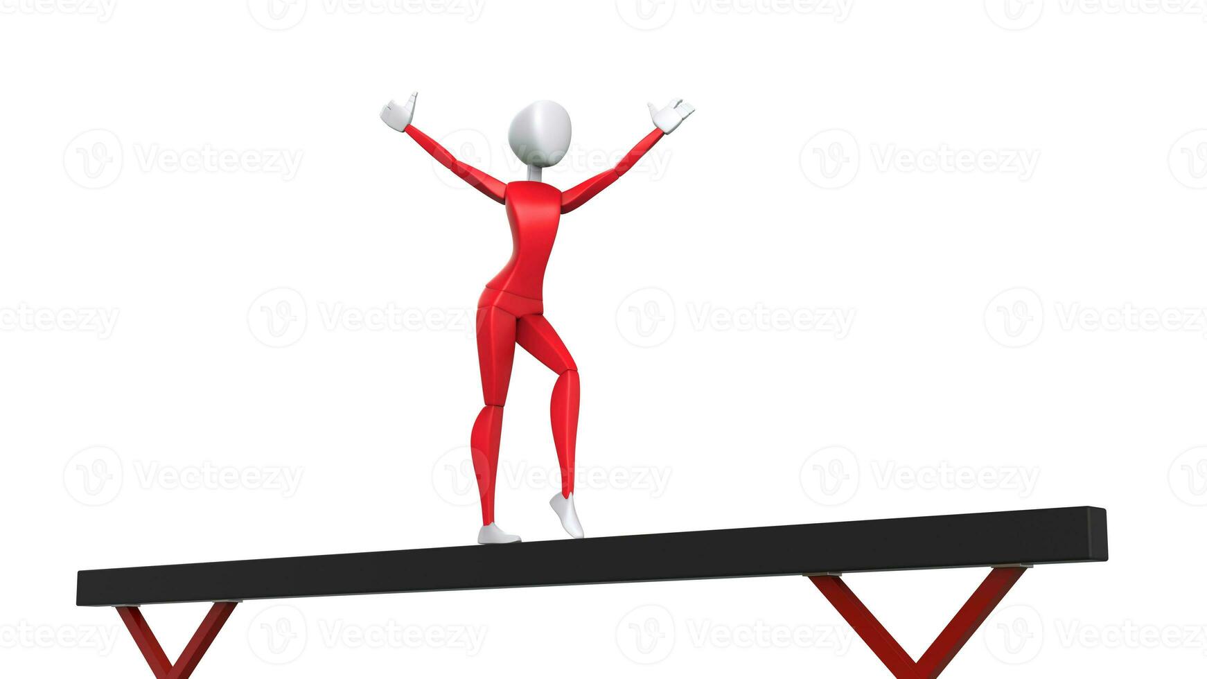 gimnasta niña en rojo atuendo en equilibrar haz - saludo antes de rutina - 3d ilustración foto