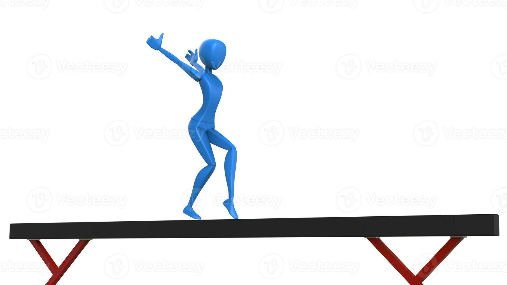 azul gimnasta ejecutando en equilibrar haz - aterrizaje un saltar actitud - 3d ilustración foto