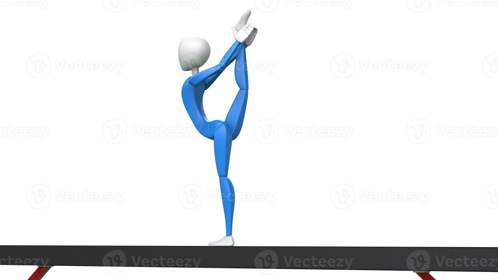 Gymnast in blue outfit performing one leg stand on balance beam - 3D Illustration photo