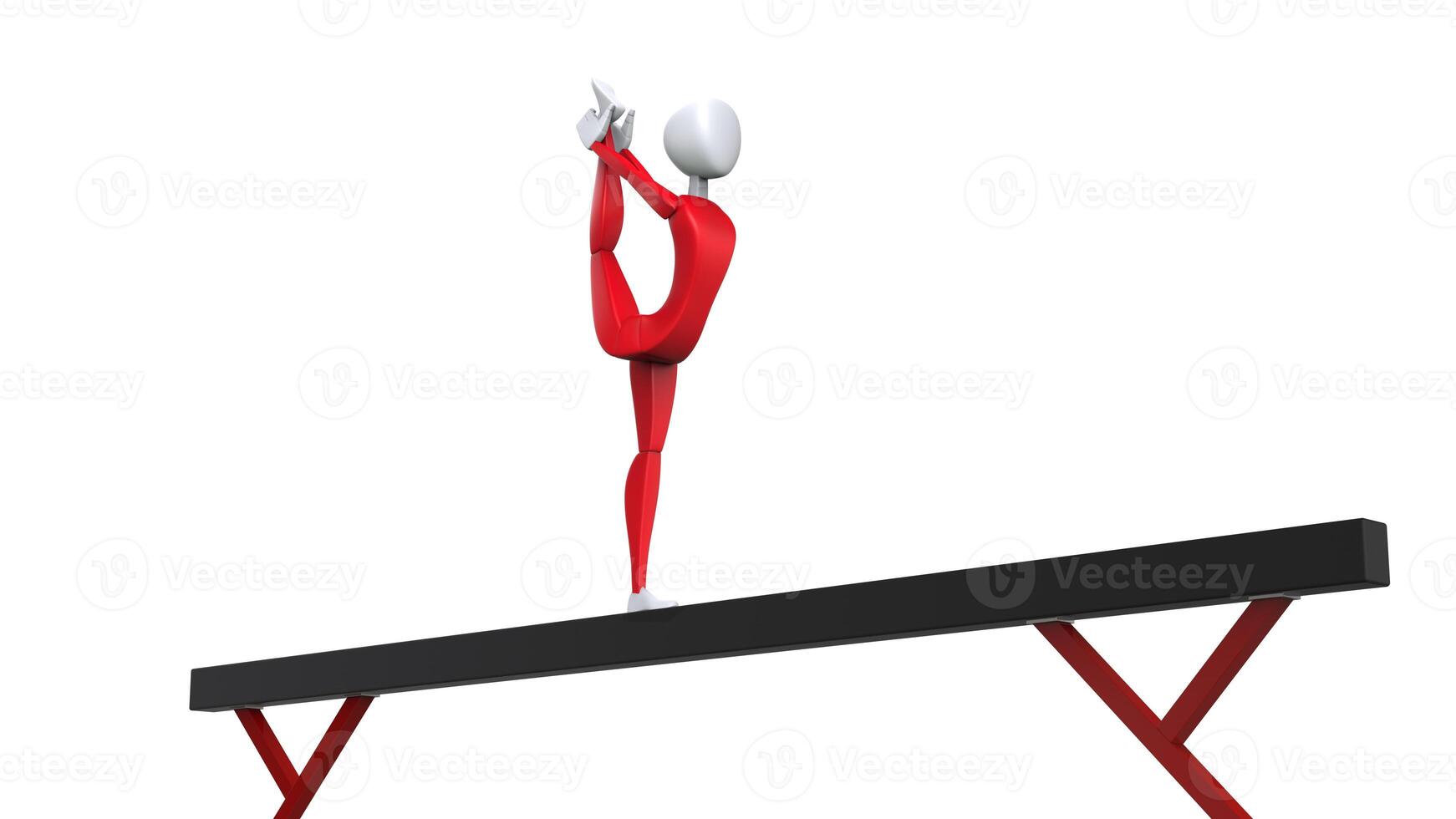 gimnasta en rojo atuendo ejecutando uno pierna estar en equilibrar haz - 3d ilustración foto