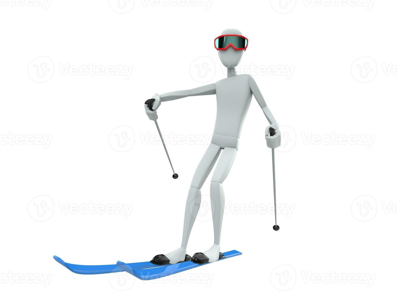 SKier character with red ski giggles and blue skis doing a slight turn photo